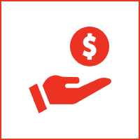 Red hand holding dollar coin icon.
