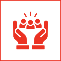 Red hands holding three people icon.
